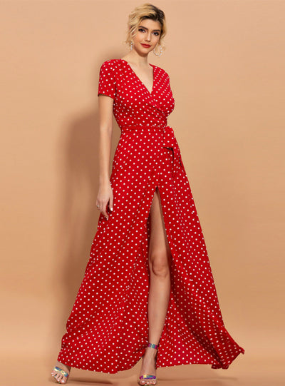 Beach Holiday V-neck Printed Floral Polka Dot Dress