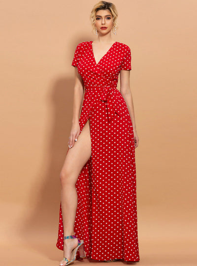 Beach Holiday V-neck Printed Floral Polka Dot Dress