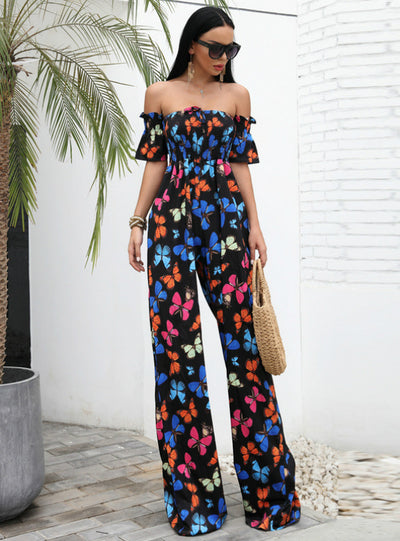 One-shoulder Casual Loose Printed Jumpsuit Women