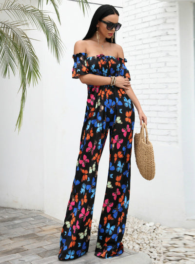 One-shoulder Casual Loose Printed Jumpsuit Women