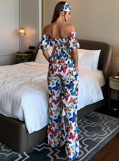 One-shoulder Casual Loose Printed Jumpsuit Women