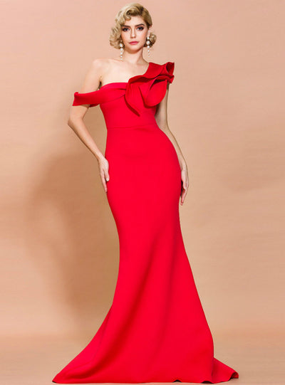 Women Long Red Mermaid One Shoulder Party Dress