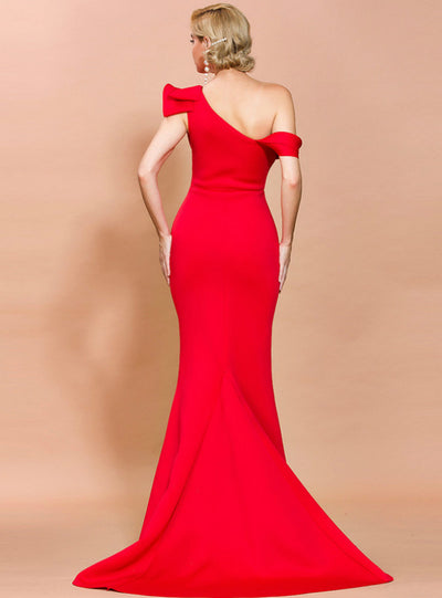 Women Long Red Mermaid One Shoulder Party Dress