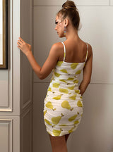 Sleeveless Suspender Lemon Yellow Printed Pleated Dress