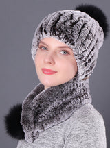 Rex Rabbit Fur Hat Scarf Winter Two-piece Set