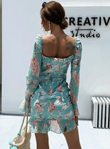 Chiffon Drawstring Pleated Skirt Floral Ruffled Dress