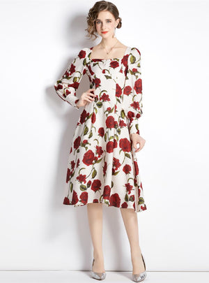 Square Vintage Rose Print High Waist Dress