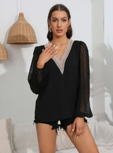 Solid Color Stitching Lace Long Sleeve Shirt Top