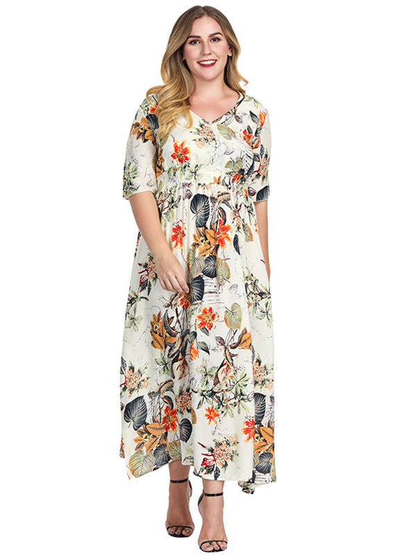 Printed V-neck Short Sleeve High Waist Bohemian Dress