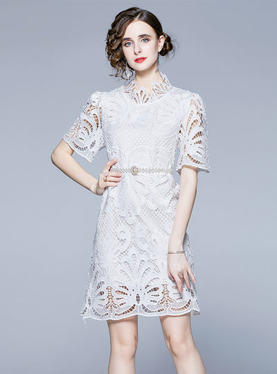 Lace Stand Collar Loose Short Sleeve Dress