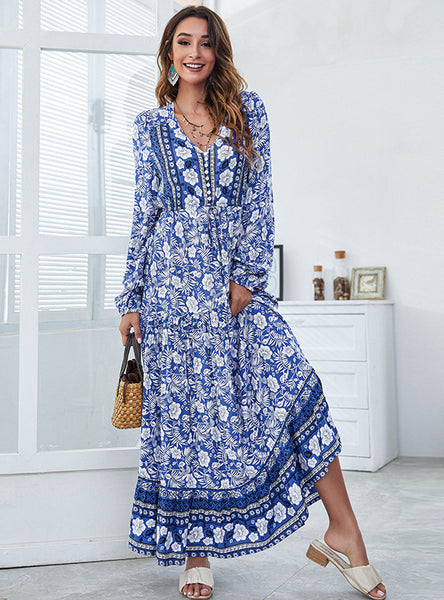 V-neck Printed High Waist Big Swing Dress