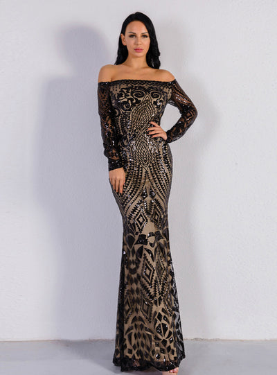 Dress Twill Shoulder Long Sleeve Sequin Evening Dress