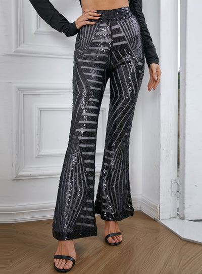 Women Sequined Hgh Waist Flared Wide Leg Pants