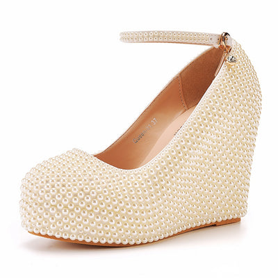 11cm Round Toe Wedge Pearl Wedding Shoes