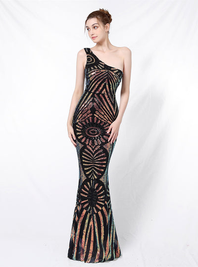 One Shoulder Sequined Fishtail Gown