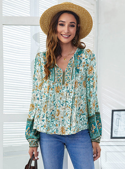 V-neck Printed Loose Lantern Long Sleeve Blouse