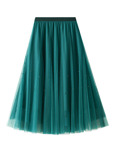 High Waist Mesh Beads Long Skirt