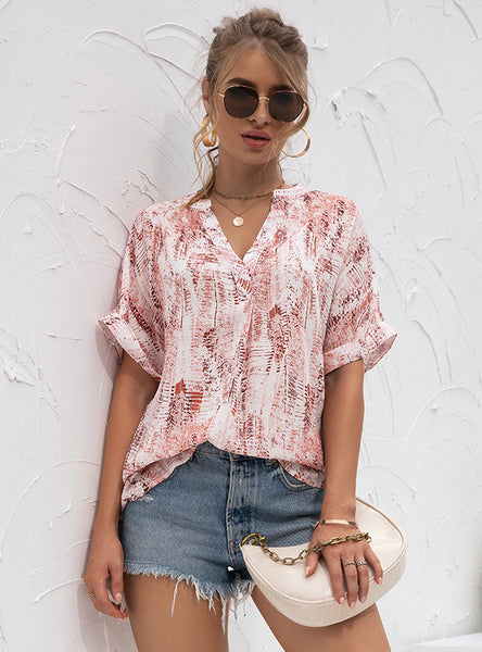 V-neck Tie-dyed Printed Chiffon T-shirt