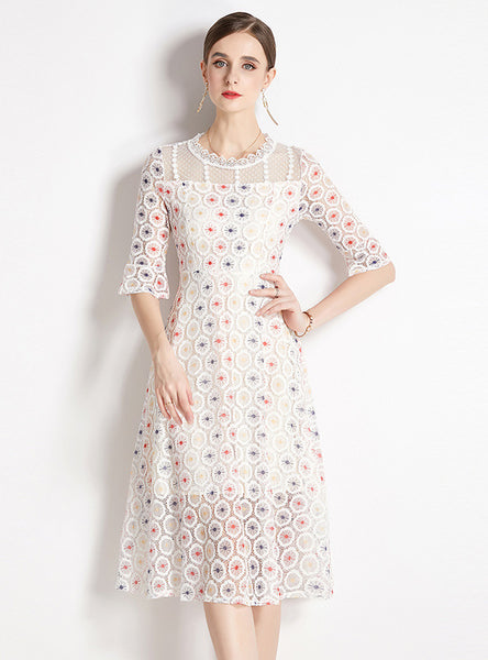 White Printed Lace Short Sleeves Dress