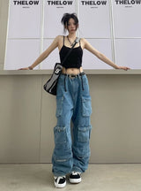 Zipper Light Color Washed Overalls Trousers Pant