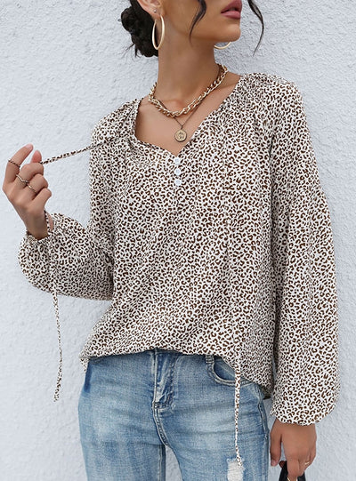 Long Sleeve V-neck Pullover Leopard Print Shirt