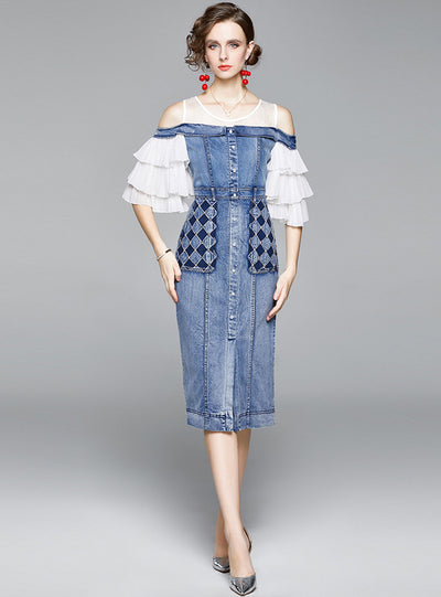 Lotus Leaf Beaded Denim Stitching Dress