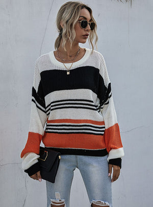 Color Matching Loose Knit Round Neck Pullover