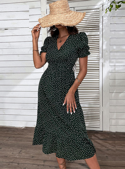 Retro Polka Dot Printed V-neck Dress