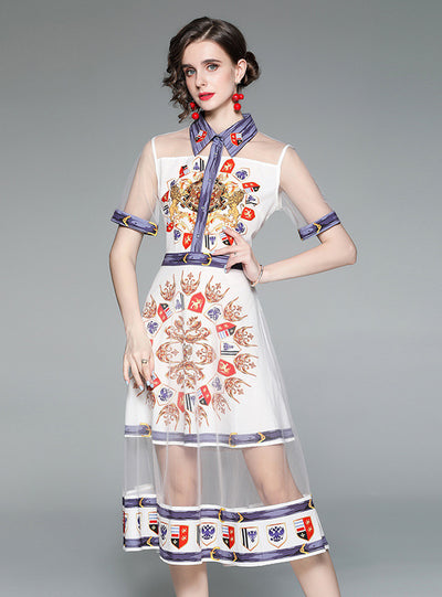 Stitching Mesh Lapel Short Sleeve Printed Fake Two-piece Dress