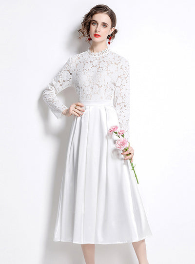 Long SLeeve Lace Stitching Satin Dress