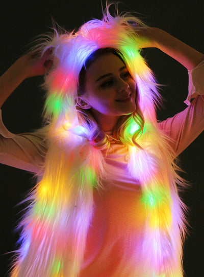 Hooded Vest Long Hair Faux Fur Coat Belt Led Lamp