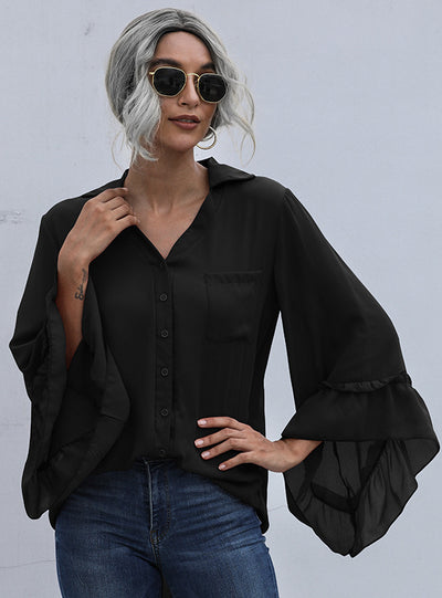 Irregular Long Sleeves Lotus Leaf Chiffon Shirt