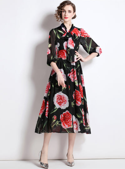 Rose Lantern Sleeve Slim Chiffon Dress