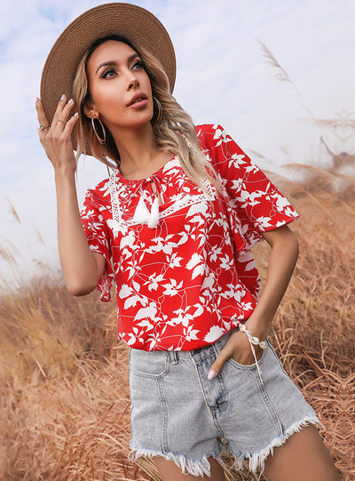 Red Printed Short-sleeved Lace-up V-neck Shirt