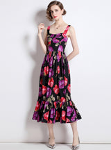 Retro Printed Sling Holiday Flounce Beach Dress