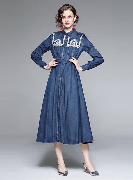 Embroidered Denim Slim Waist Dress