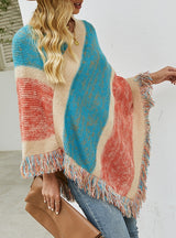 Colored Striped Knitted Cloak Fringed Shawl