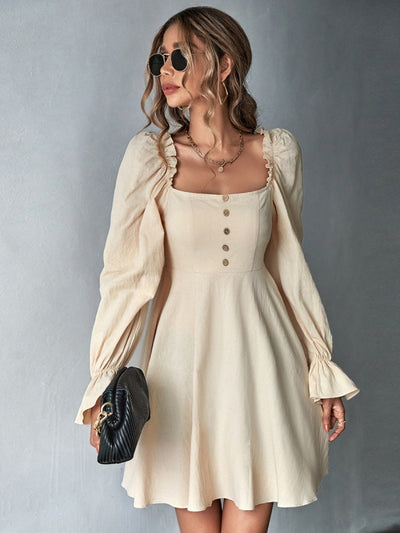 Bubble Sleeve Square Neck Long Sleeve Dress