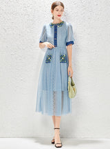 Retro Blue Bubble Sleeve Lace Embroidery Stitching Dress