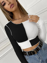 Short Mosaic Color Matching Round Neck Top