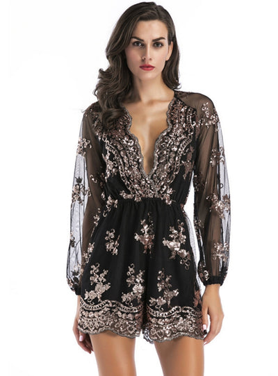 Deep V-neck Mesh Long Sleeve Sequined Jumpsuit