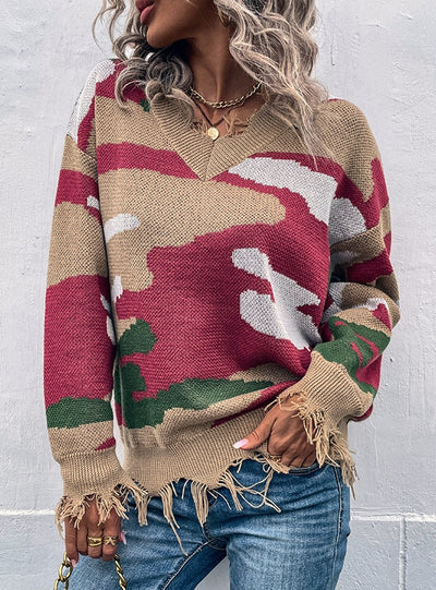 V-neck Hole Contrast Camouflage Sweater