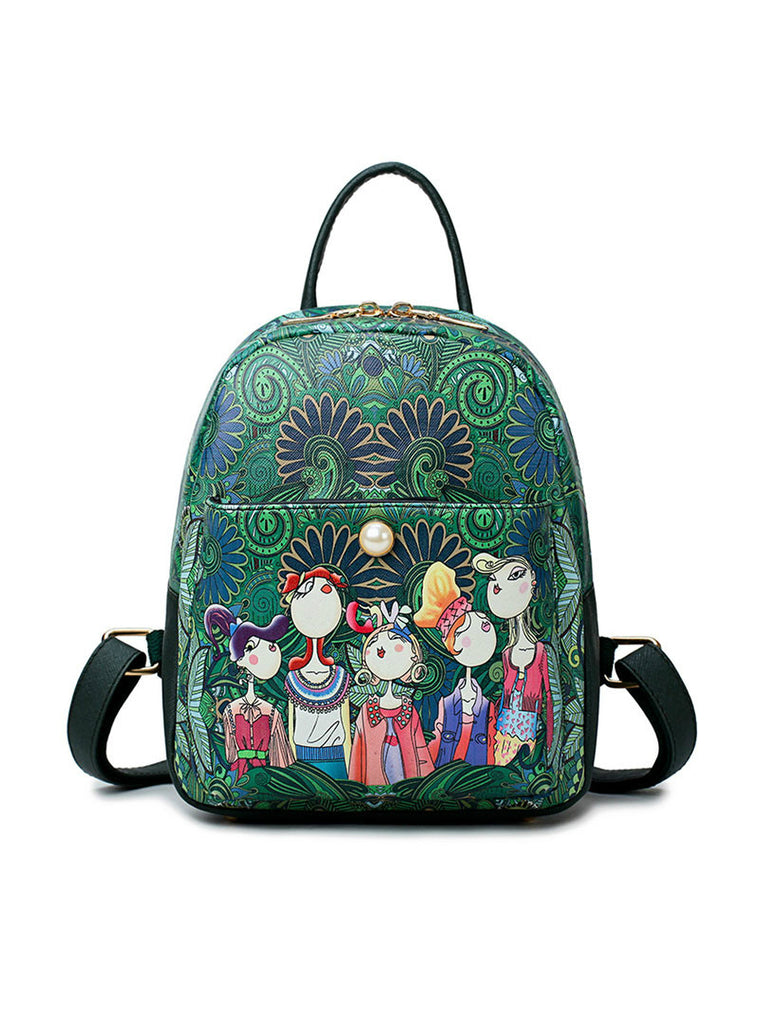 Green Forest Cartoon Print Women Classic Mini Backpack