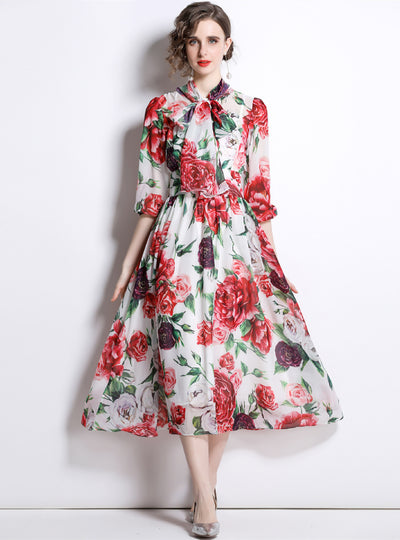 Printed Lantern Sleeves Chiffon Dress