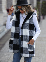 Hooded Sleeveless Plaid Fleece Loose Coat