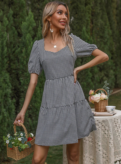 Plaid Lace-up Short Sleeve Dress