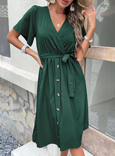 Women's Pleated Short Sleeve V-neck Dress