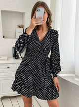 V-neck Lace-up Polka Dot Long Sleeve Dress