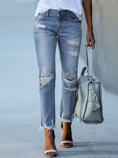 Slim Holes Raw Edges Jeans