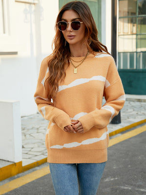 Turtleneck Printed Striped Color Matching Sweater